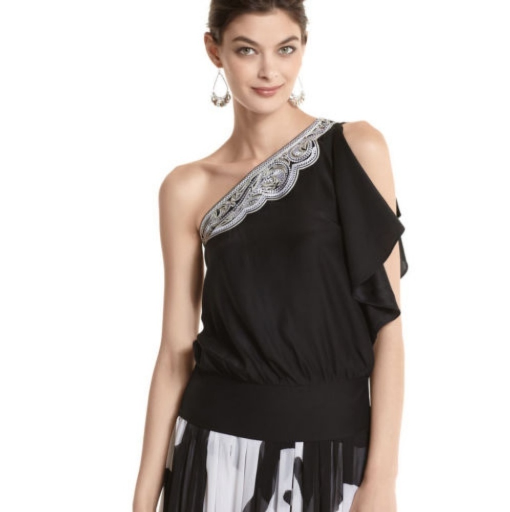 WHBM Embroidered One Shoulder Silk Top